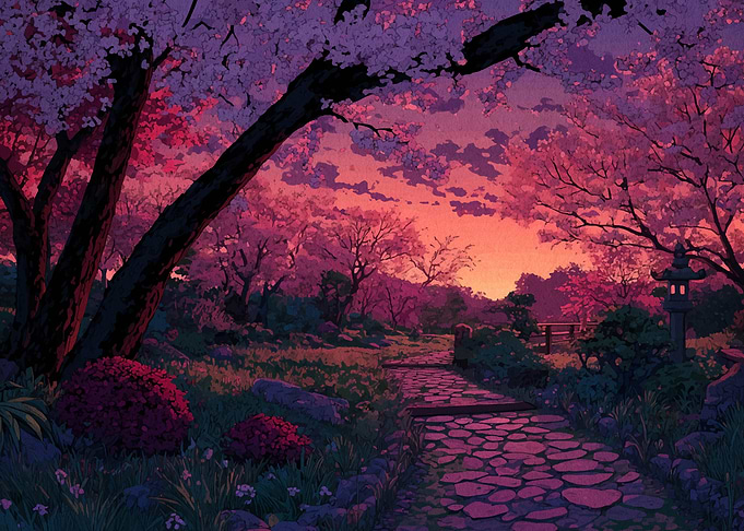 Cherry Blossom Path at Sunset