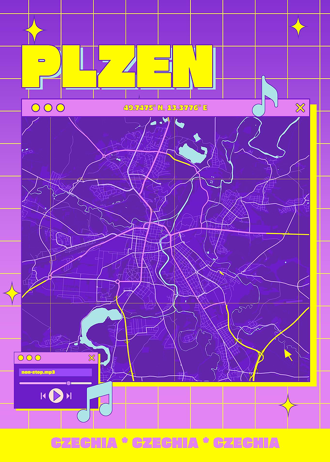 Plzen Czechia Map Retro Style