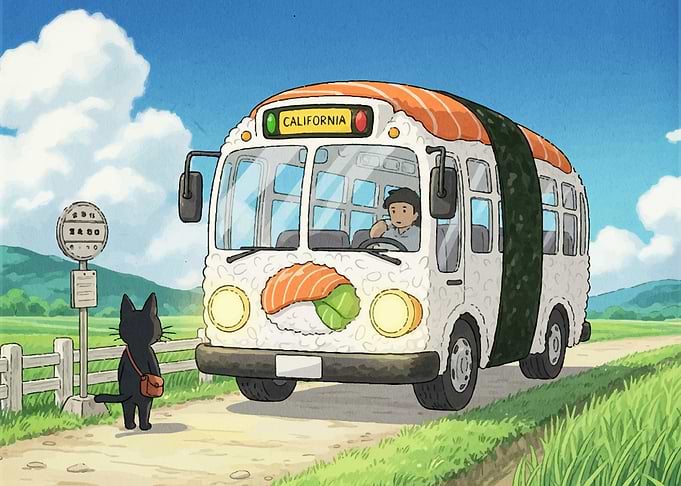 Sushi Bus Stop with Black Cat