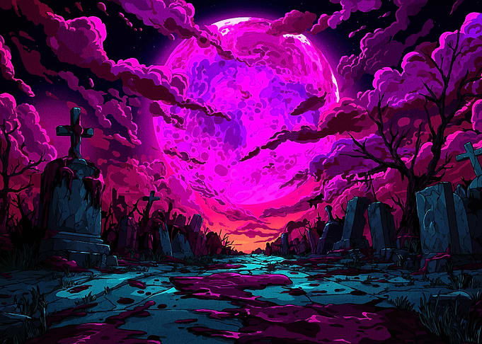 Neon Graveyard Under a Pink Moon