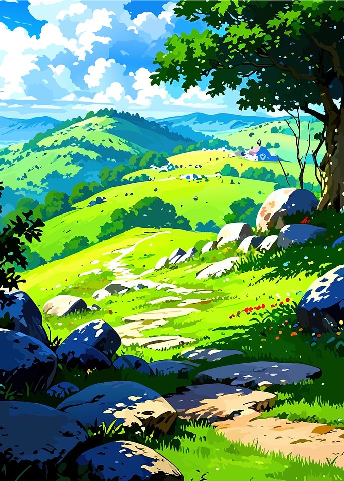 Anime Style Landscape with Rolling Hills