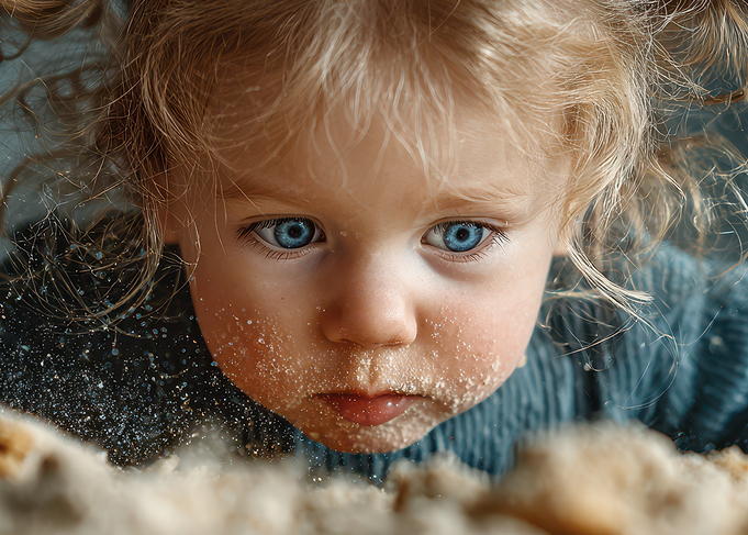 Child with sand on face