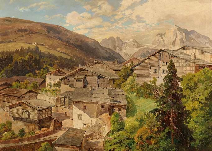 Alpine Village Landscape Painting