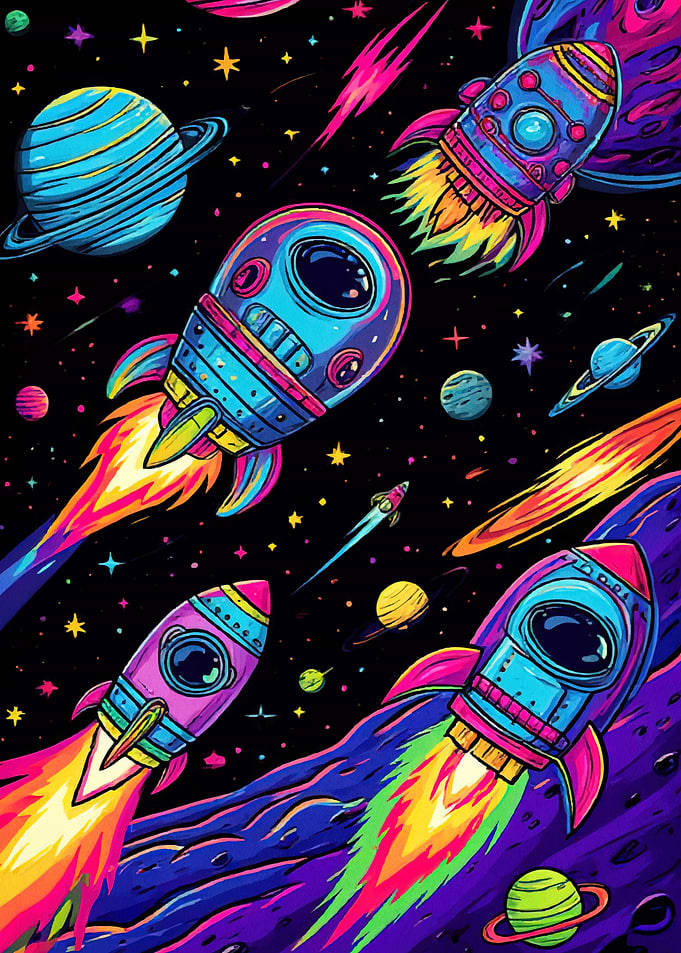 Colorful Space Rockets Planets