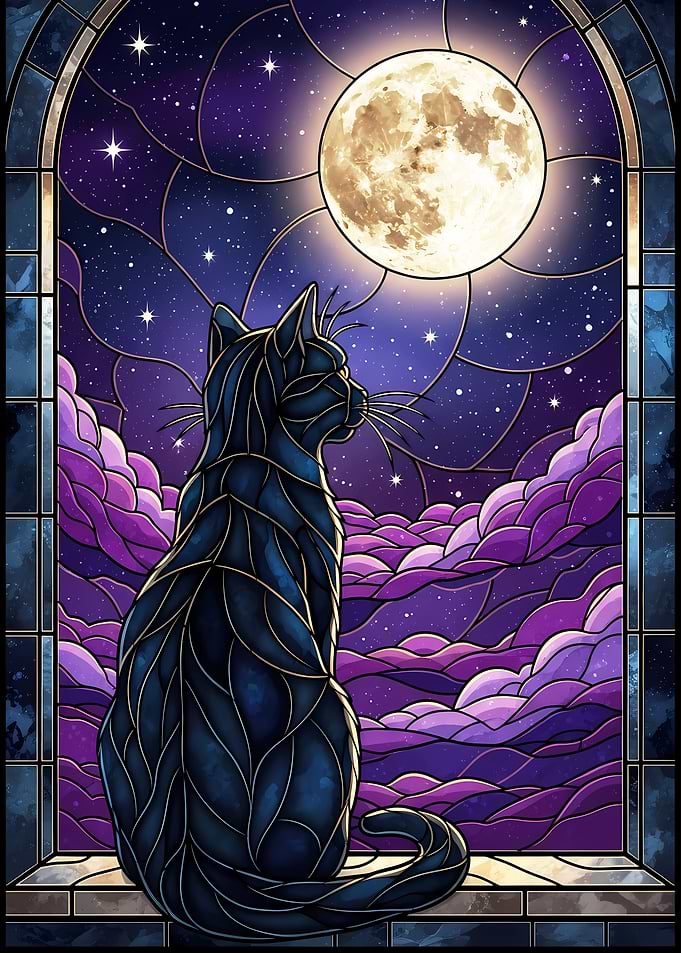 Stained Glass Cat Moon