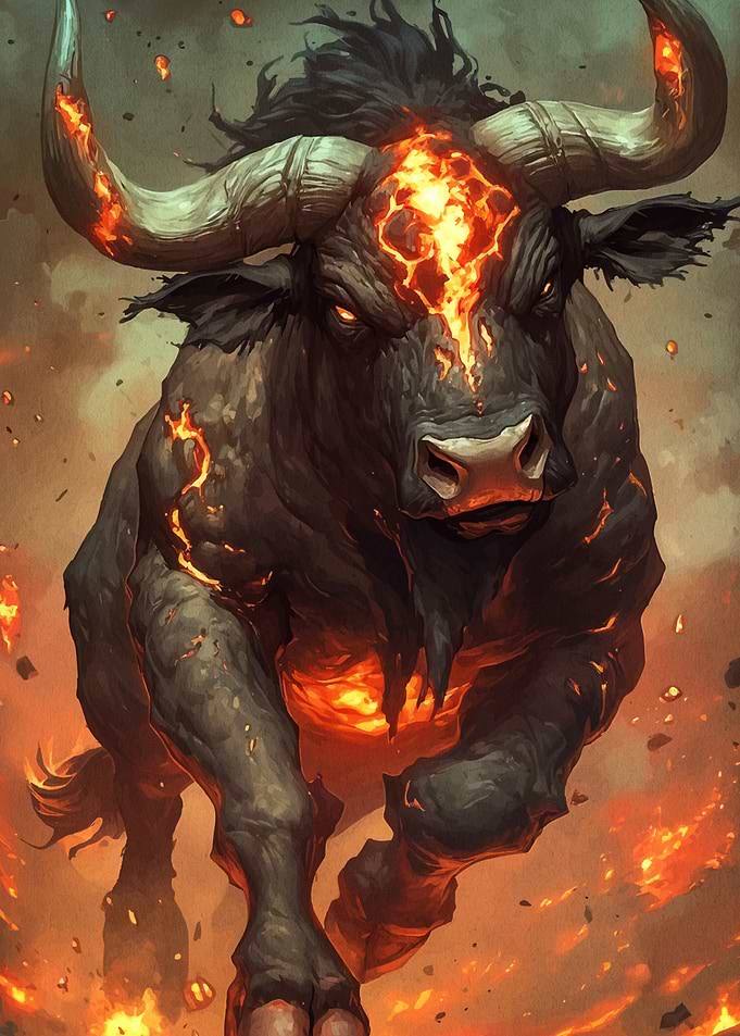 Fiery Bull Charging Forward