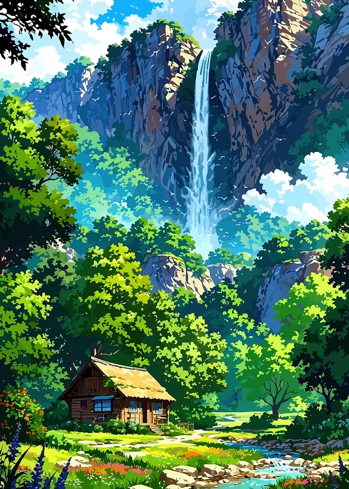 Anime Waterfall Cabin Landscape