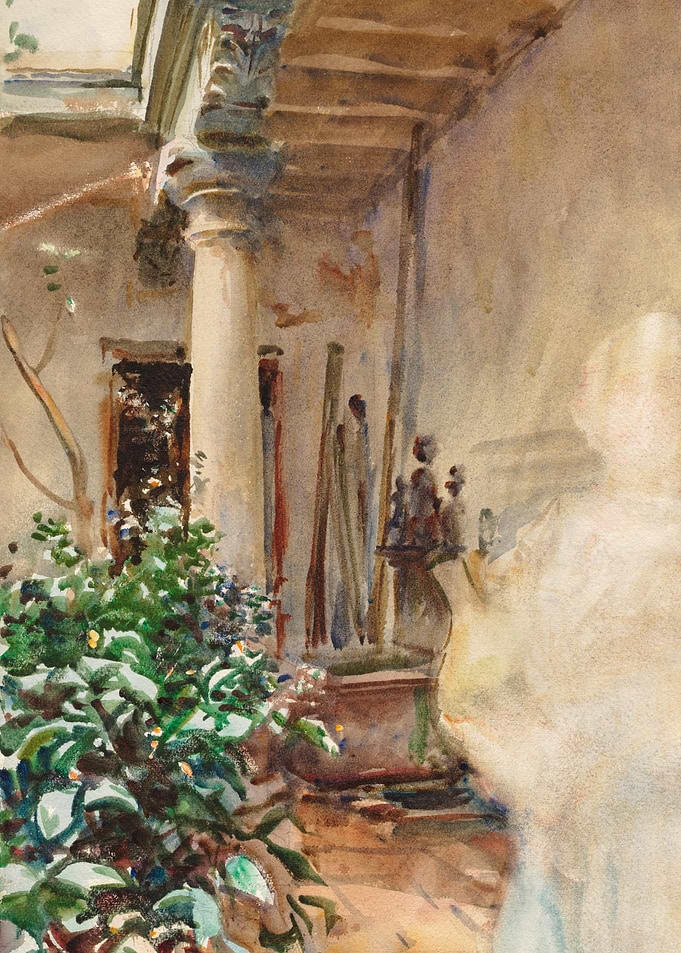 Watercolor Courtyard Scene with Plants
