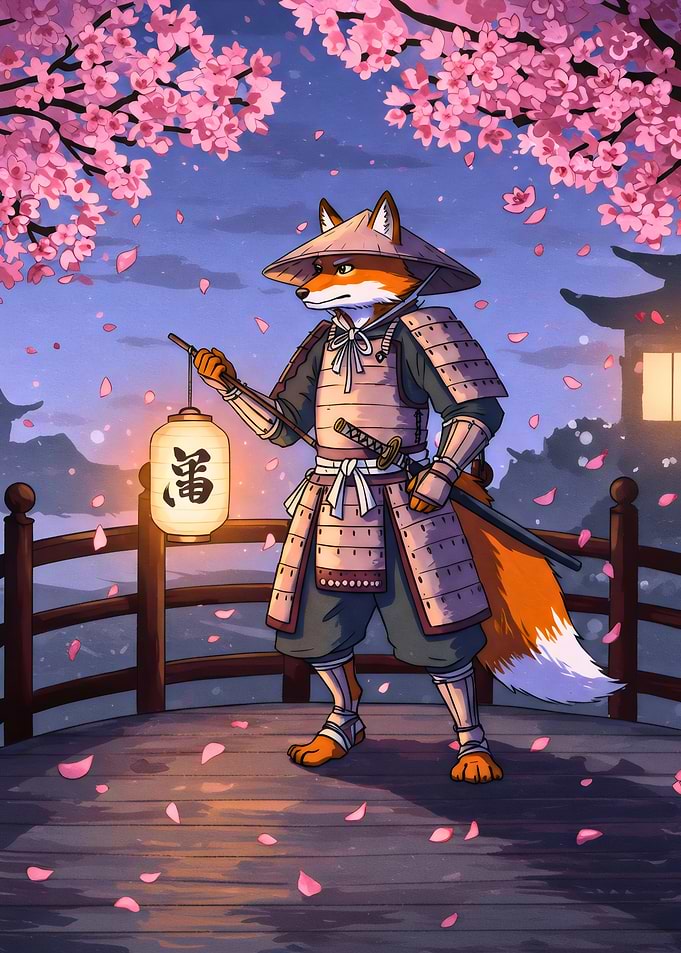 Fox Samurai with Lantern under Cherry Blossoms