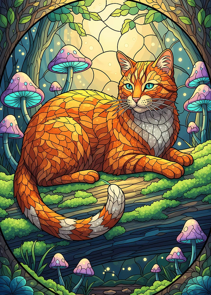 Orange Cat in Enchanted Mushroom Forest