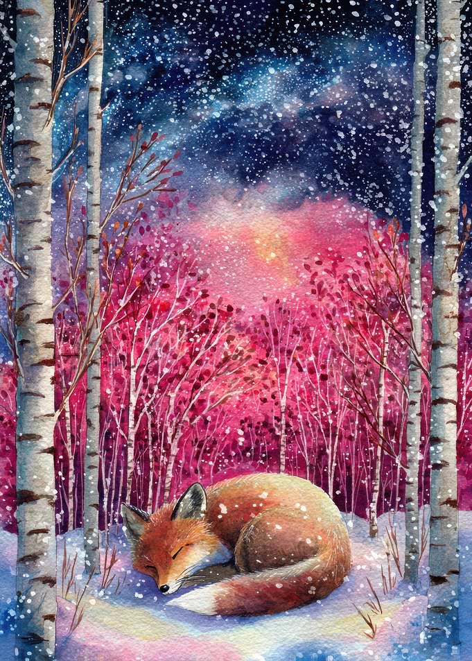 Sleeping Fox in Winter Watercolor Painting