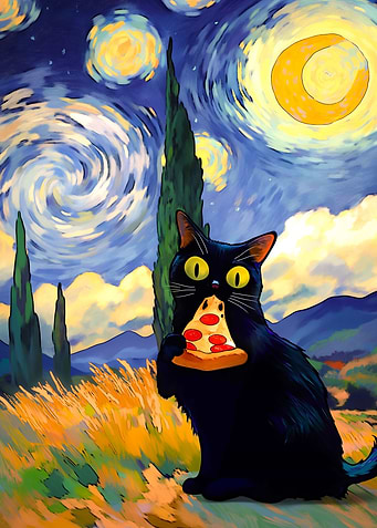 Black Cat Eating Pizza Starry Night