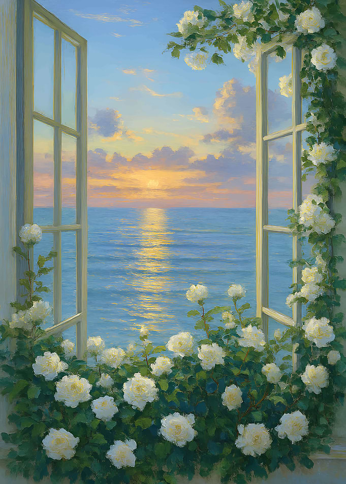 Open Window with White Roses