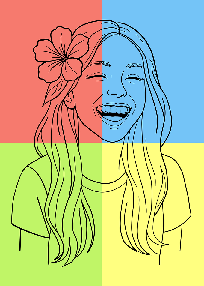 Laughing Girl with Flower Line Art