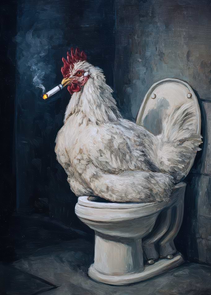 Smoking Chicken on Toilet Painting