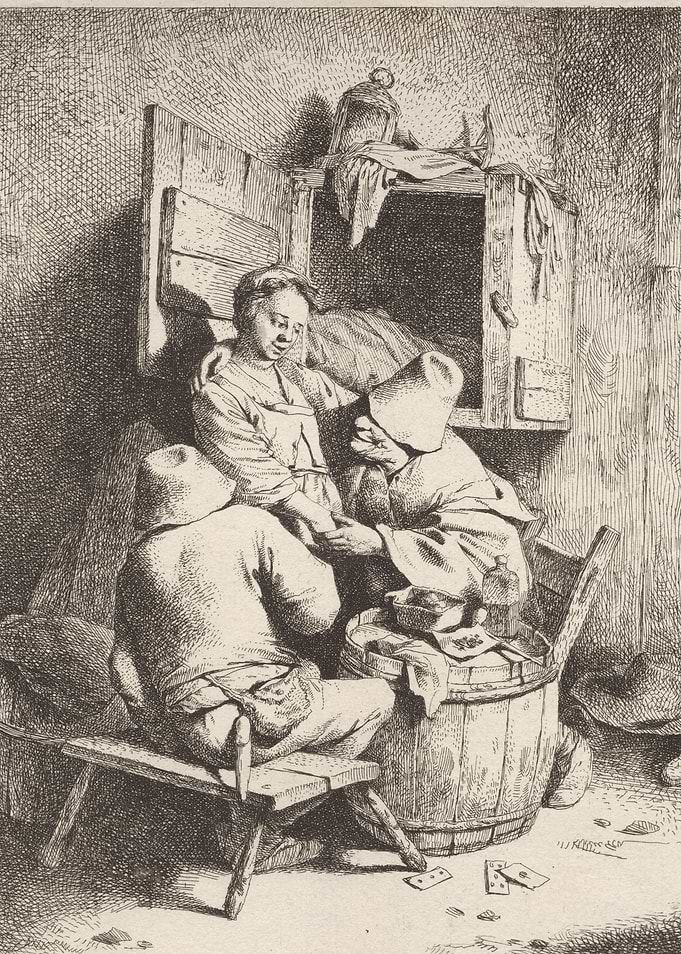 Antique Card Game Scene Illustration