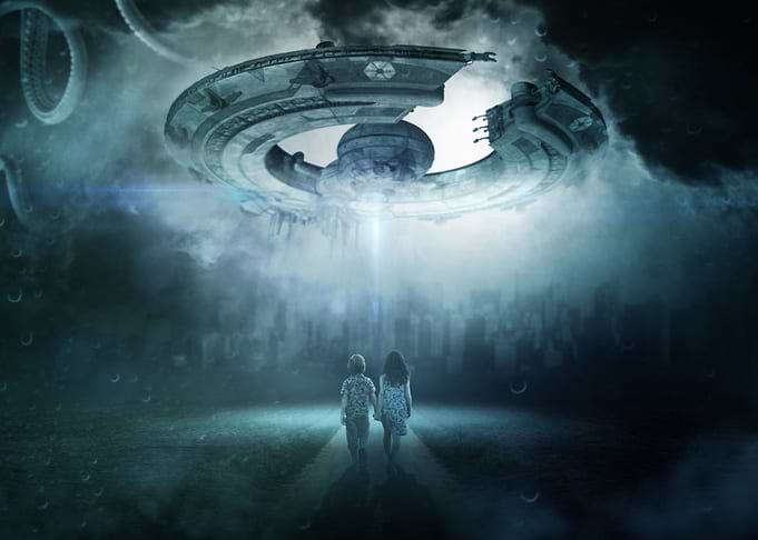 Children and UFO over city