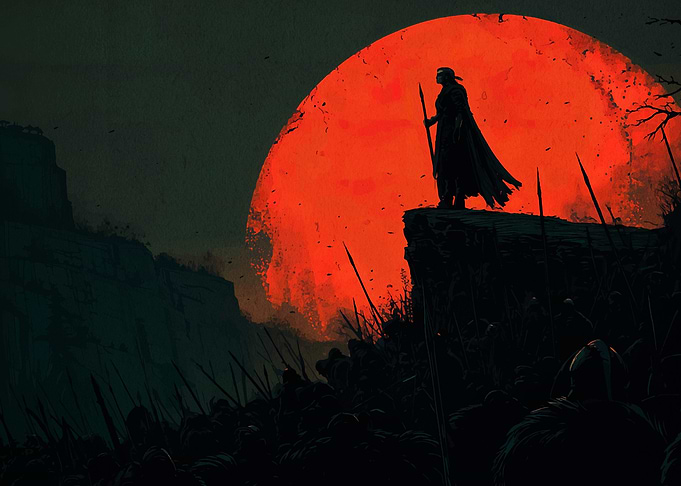Warrior Silhouette Against Red Moon