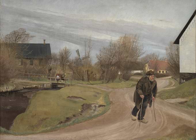 Old Man Walking in Rural Landscape