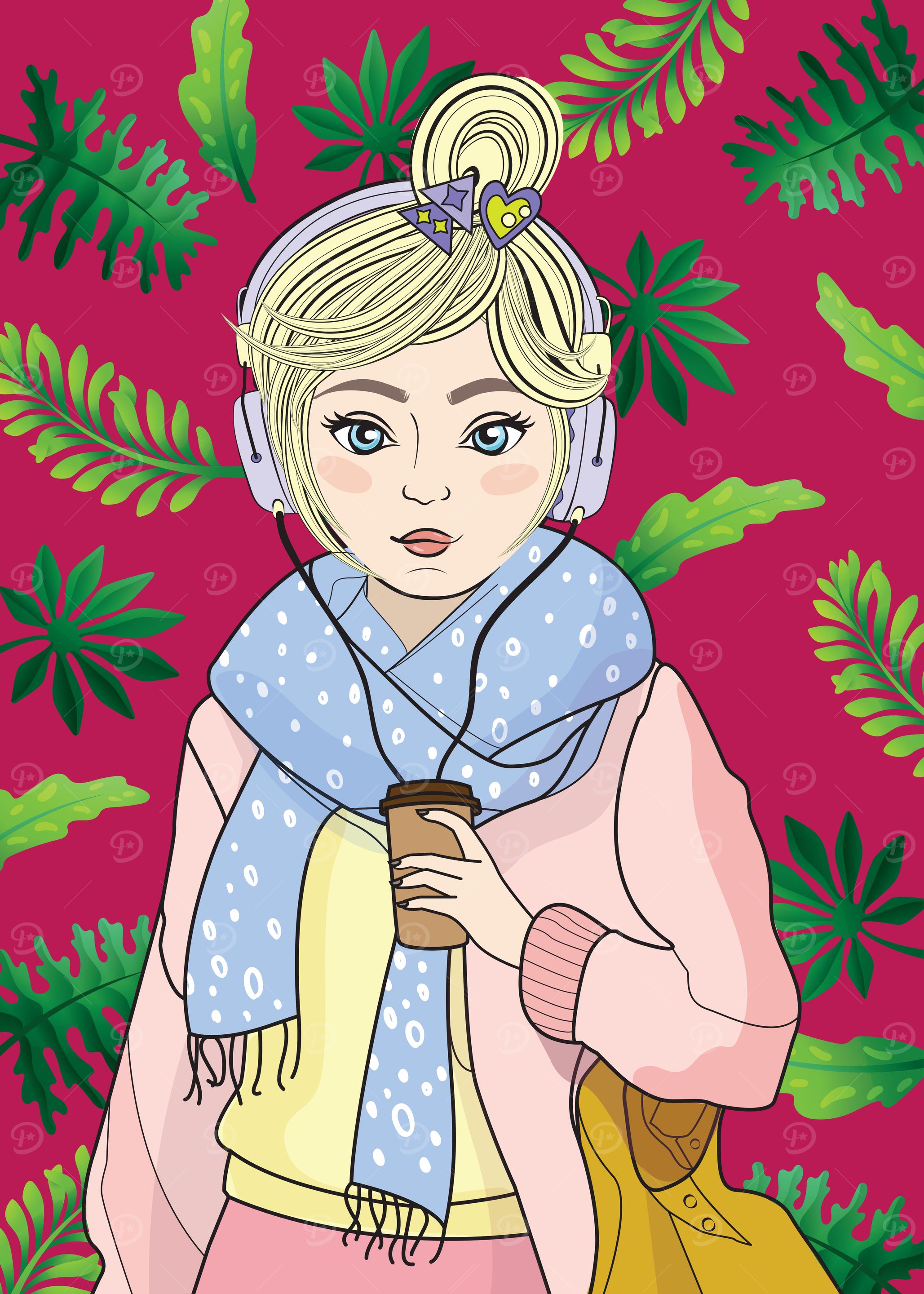 Girl with Coffee and Headphones Illustration