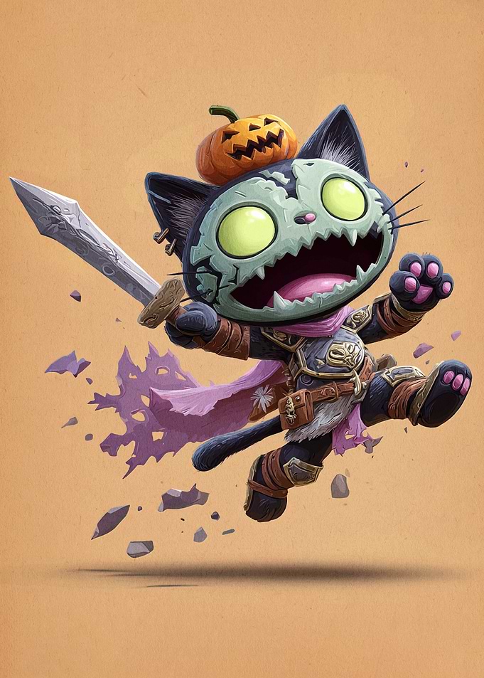 Cartoon Cat Warrior with Pumpkin Hat