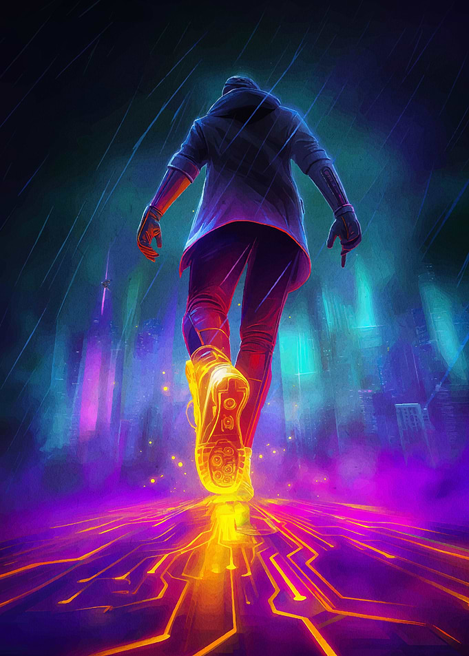 Cyberpunk Walker in Neon Cityscape
