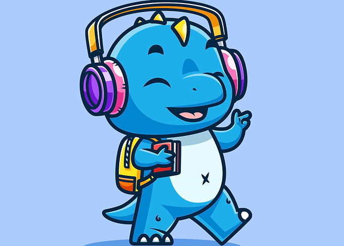 Cartoon Dinosaur with Headphones and Backpack