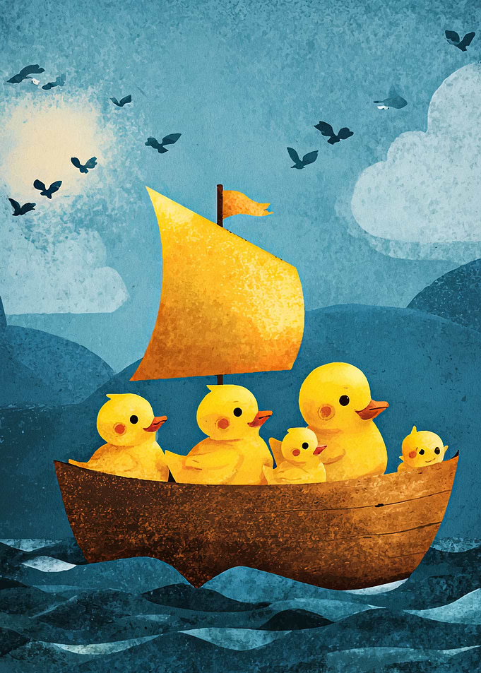 Ducklings sailing on a boat