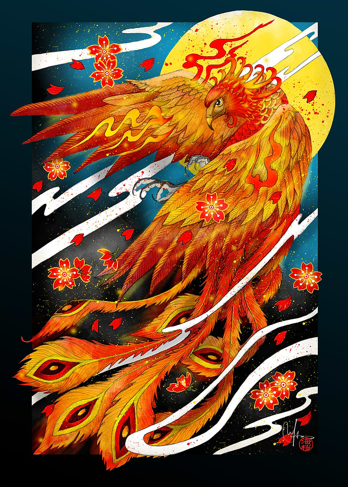 Fiery Phoenix with Cherry Blossoms
