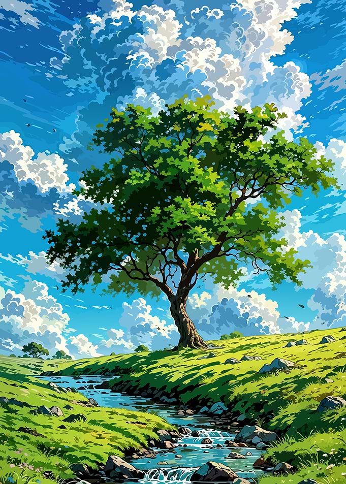 Anime Landscape with Tree and Stream