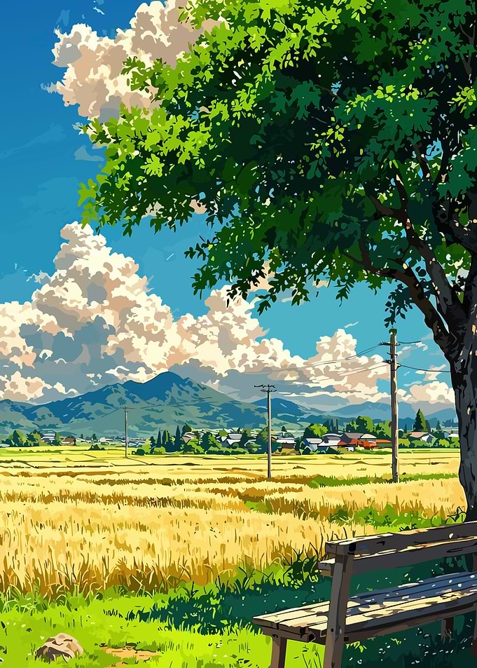 Anime Landscape with Field and Bench