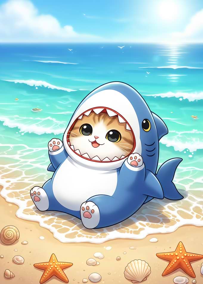 Cat in Shark Costume on Beach