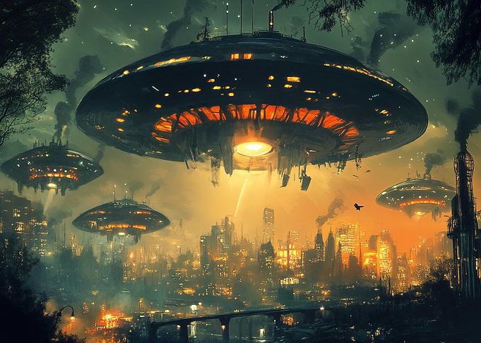 UFOs over a futuristic cityscape