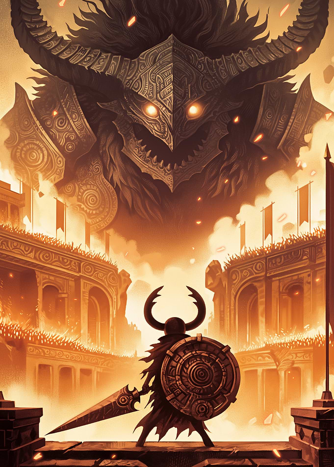 Warrior facing a colossal demon