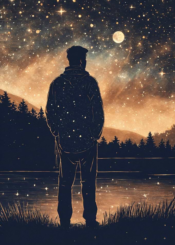 Man Gazing at Starry Night Landscape