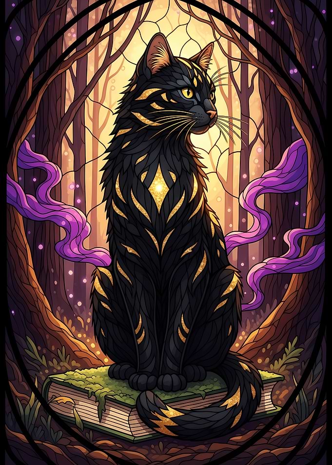 Black Cat on Book in Forest