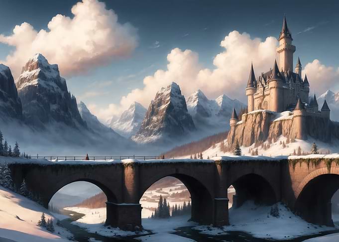 Winter Castle Landscape with Bridge