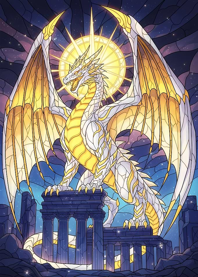 Golden and White Dragon on Ruins