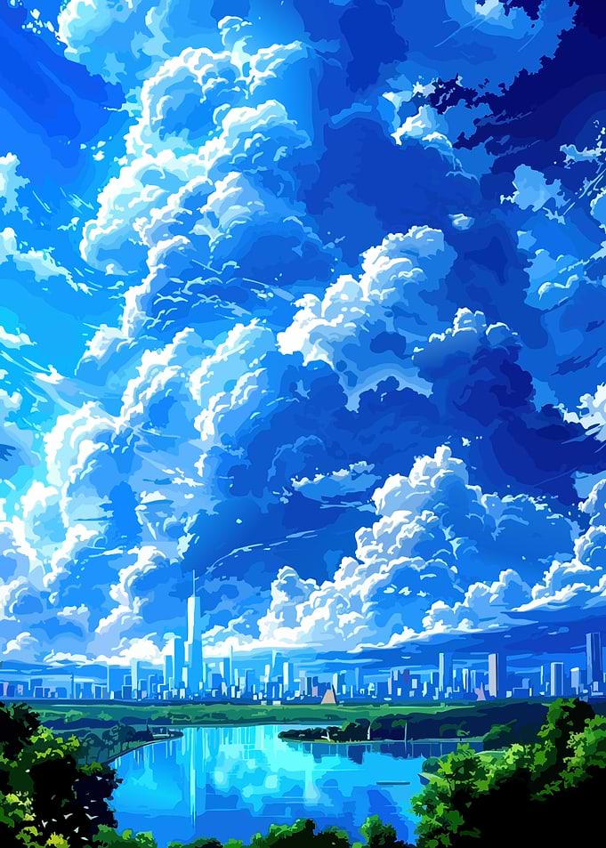 Cityscape under a cloudy blue sky