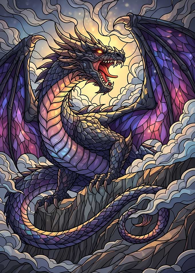 Stained Glass Dragon Roaring on Mountain