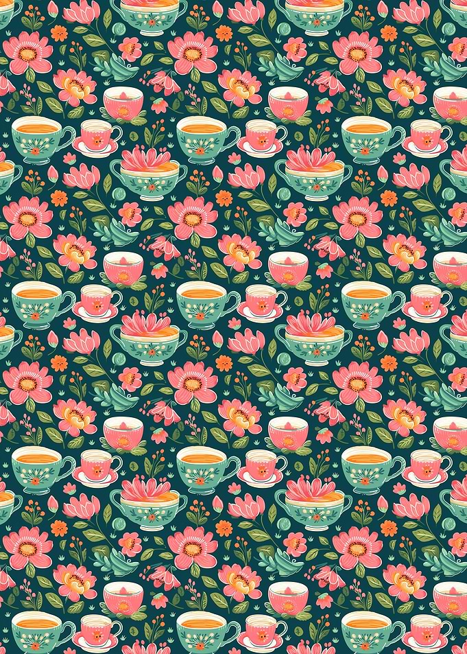 Floral Teacup Pattern on Dark Background