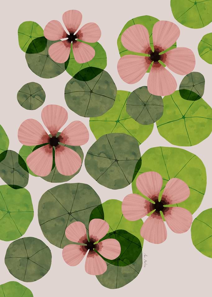 Floral pattern with pink flowers and leaves