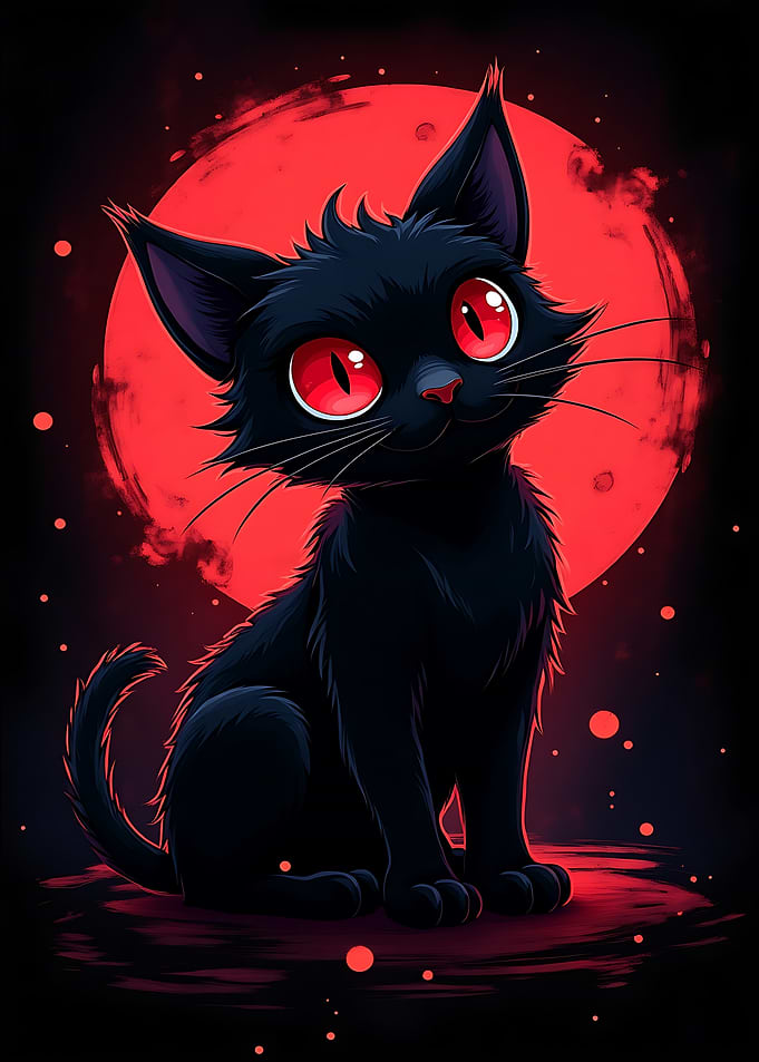Cartoon Black Cat with Red Moon