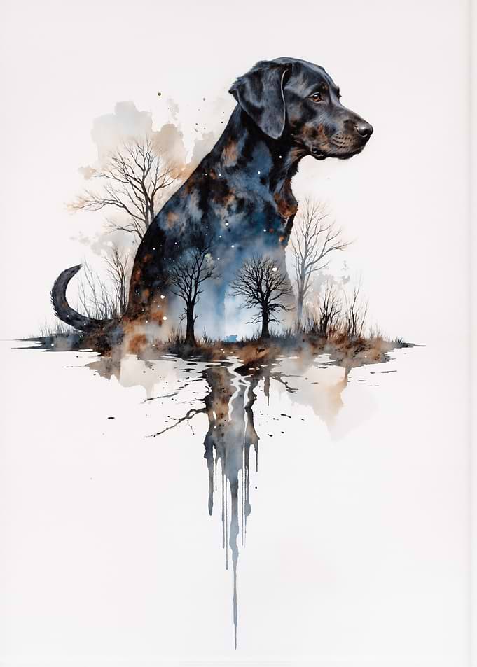 Watercolor Dog Portrait with Winter Trees