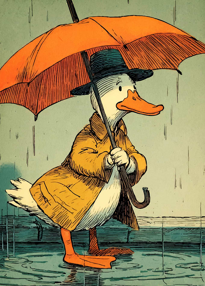 Duck in Rain with Umbrella