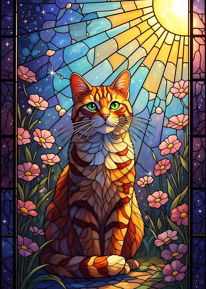 Stained Glass Cat with Flowers