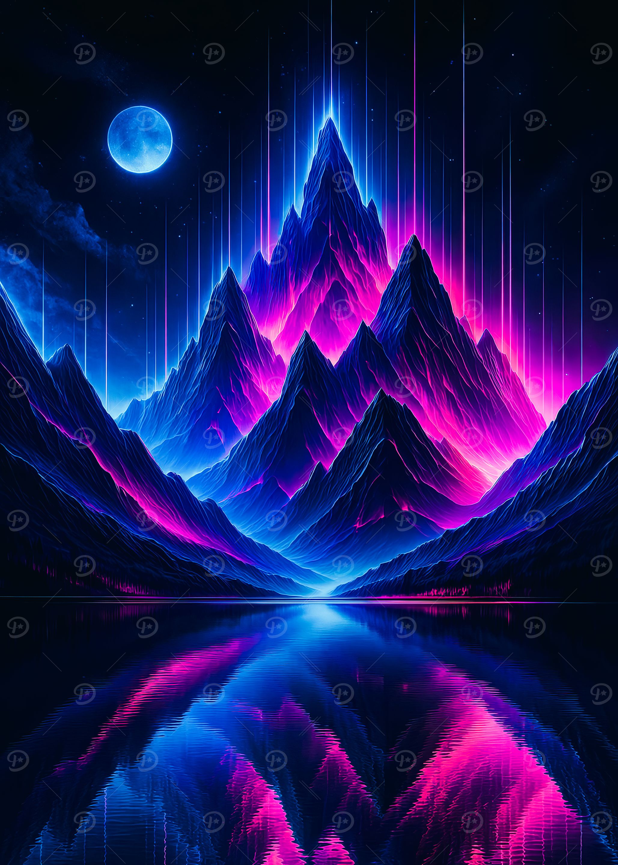Neon Mountain Nightscape Reflection