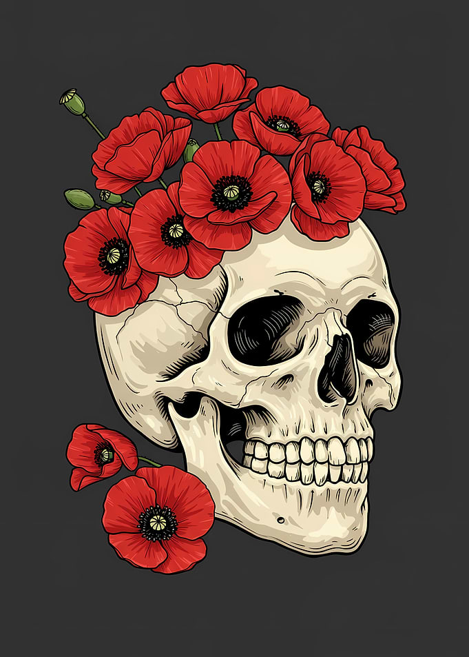 Skull with Red Poppies Illustration