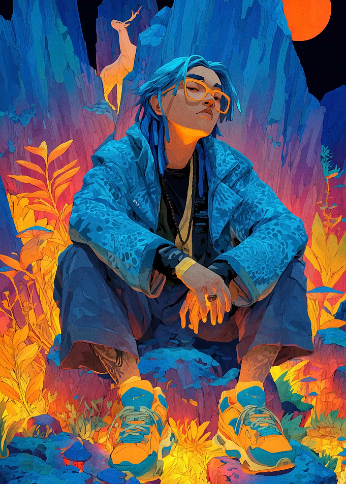 Blue-haired person in a colorful landscape