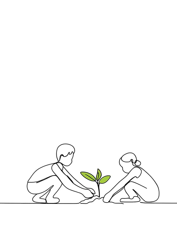 Children Planting Tree Minimalist Line Art